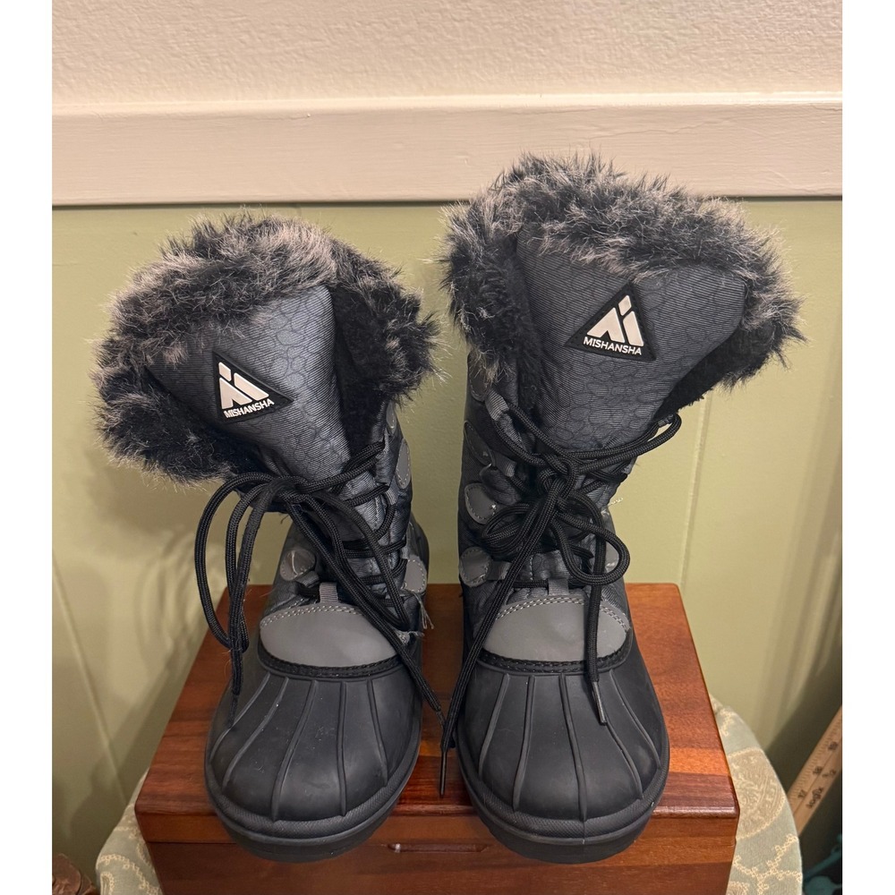 Mishansha Womens Grey Black Faux Fur Lined Winter Snow Boots Size 8 Duck Boots